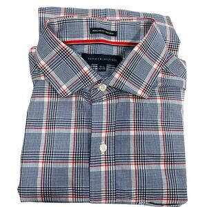 TOMMY HILFIGER Red White Blue Window Pane Button Down Long Sleeve Shirt 15 1/2